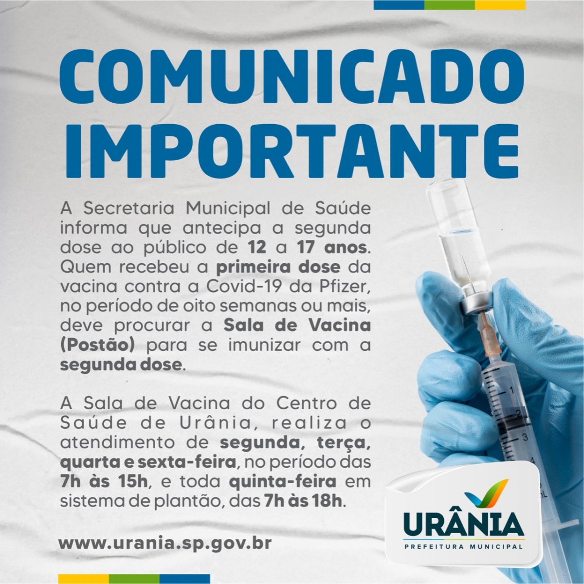 Urânia reduz intervalo da vacina da Pfizer ao grupo de 12 a 17 anos
