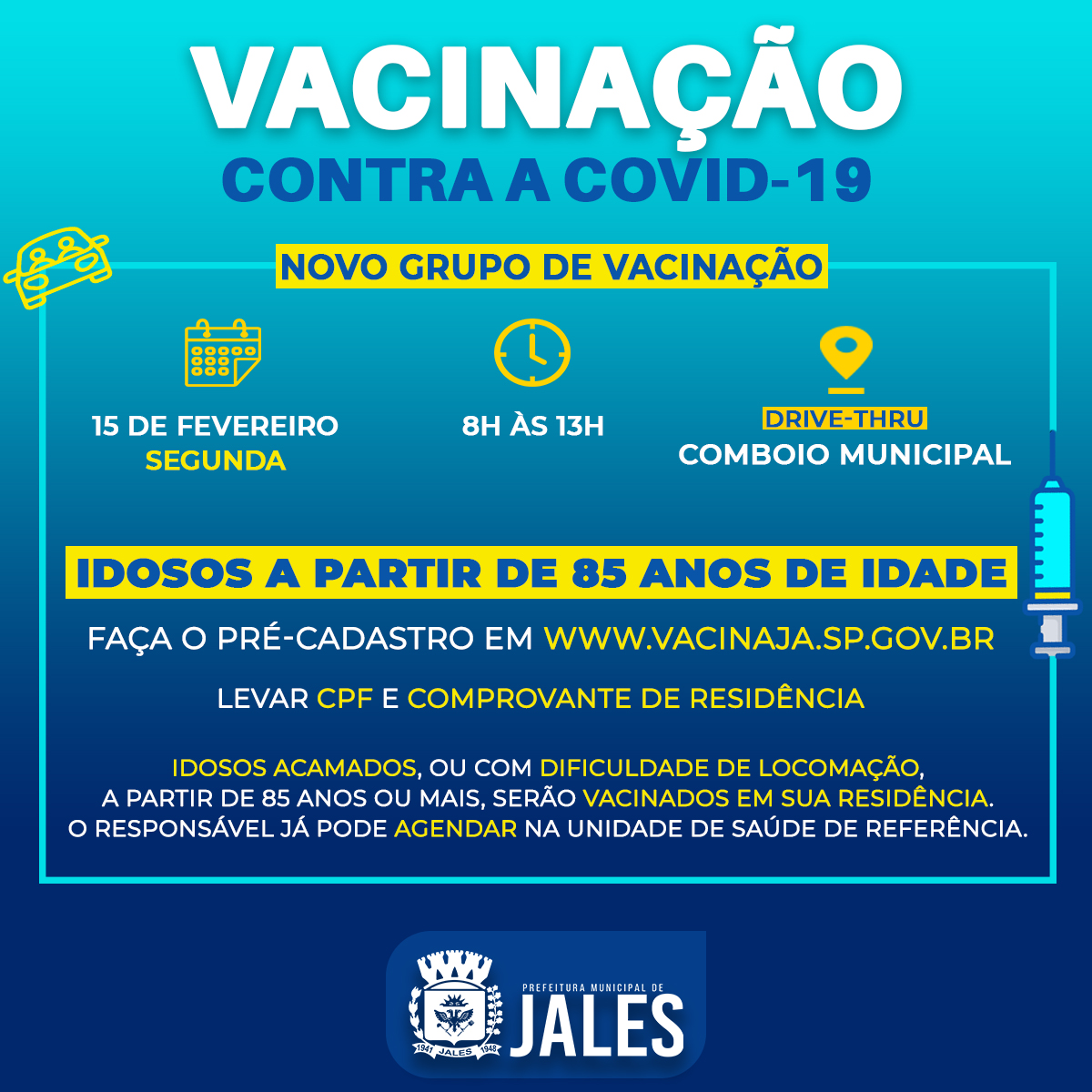 Jales - Idosos com 85 anos ou mais começam a ser vacinados contra a Covid-19