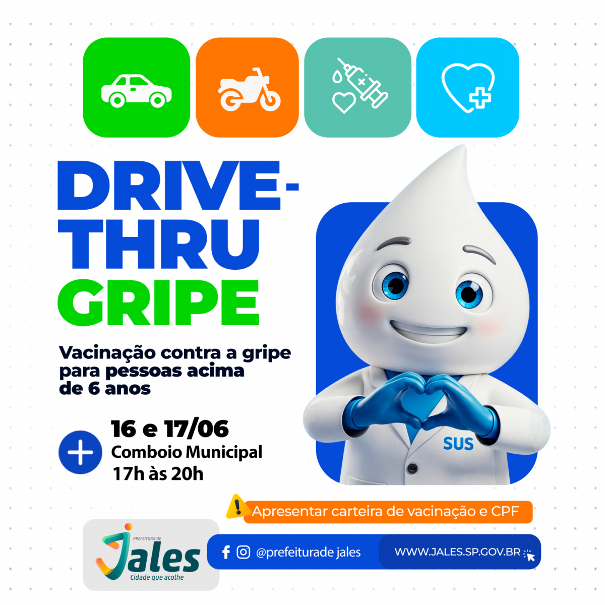 ­­Prefeitura de Jales realizará Drive-Thru de Vacinação contra a Influenza nos dias 16 e 17 de junho, no Comboio Municipal