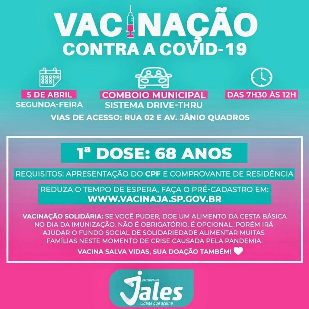 Jales - Covid-19: Idosos de 68 anos serão vacinados na segunda-feira (05), no Comboio Municipal