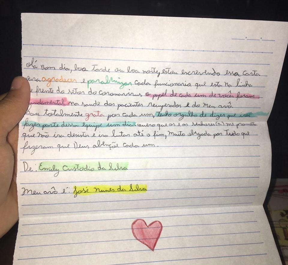 Jovem escreve carta para funcionários da Santa Casa após avô ficar internado com coronavírus: 'o papel de cada um de vocês foi fundamental na recuperação do meu avô'