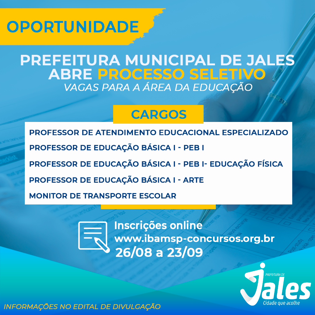 Jales - Prefeitura abre Processo Seletivo para contratar professores e monitor de transporte escolar