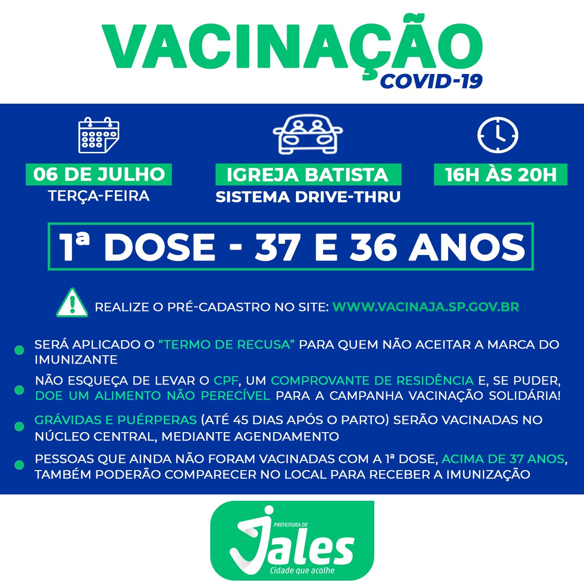 Jales vacinará contra a covid-19 dois novos públicos na terça-feira (06), pessoas de 37 e 36 anos