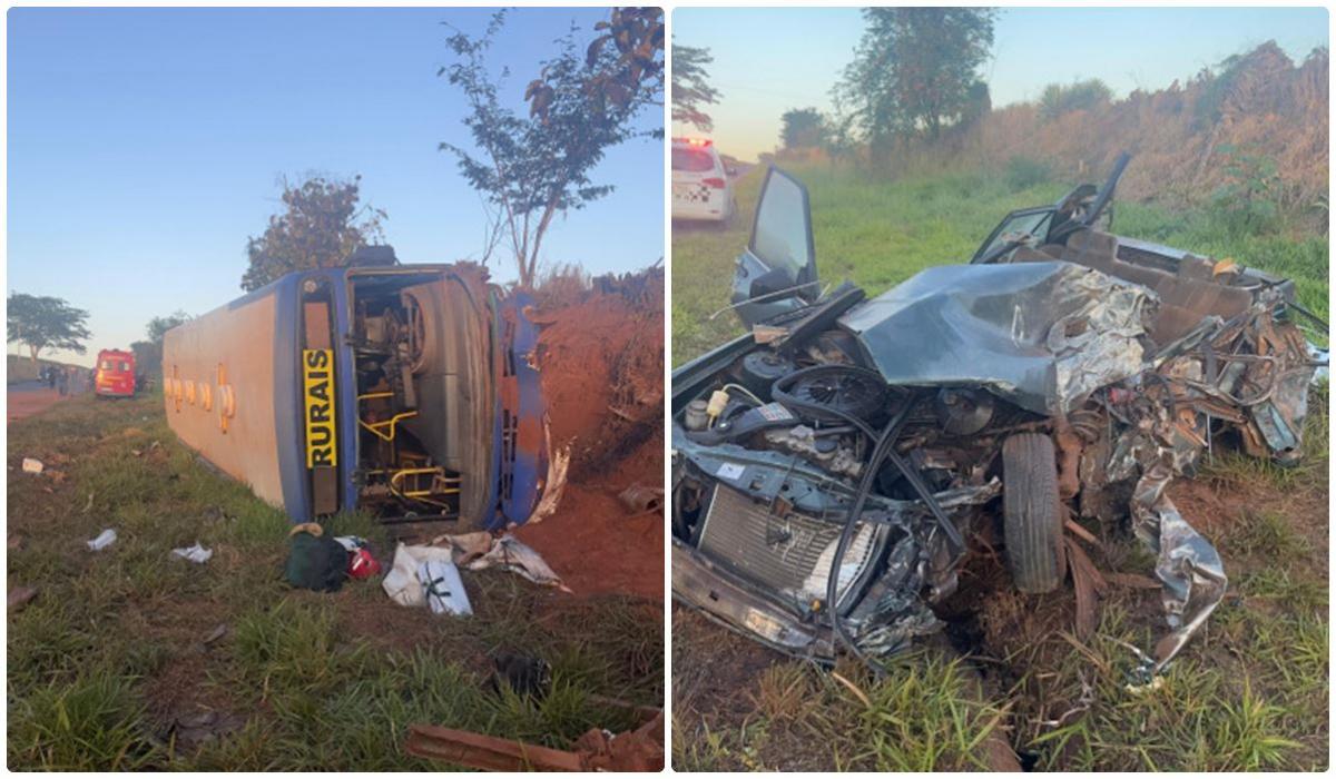 Motorista morre em colisão frontal entre carro e ônibus em estrada rural