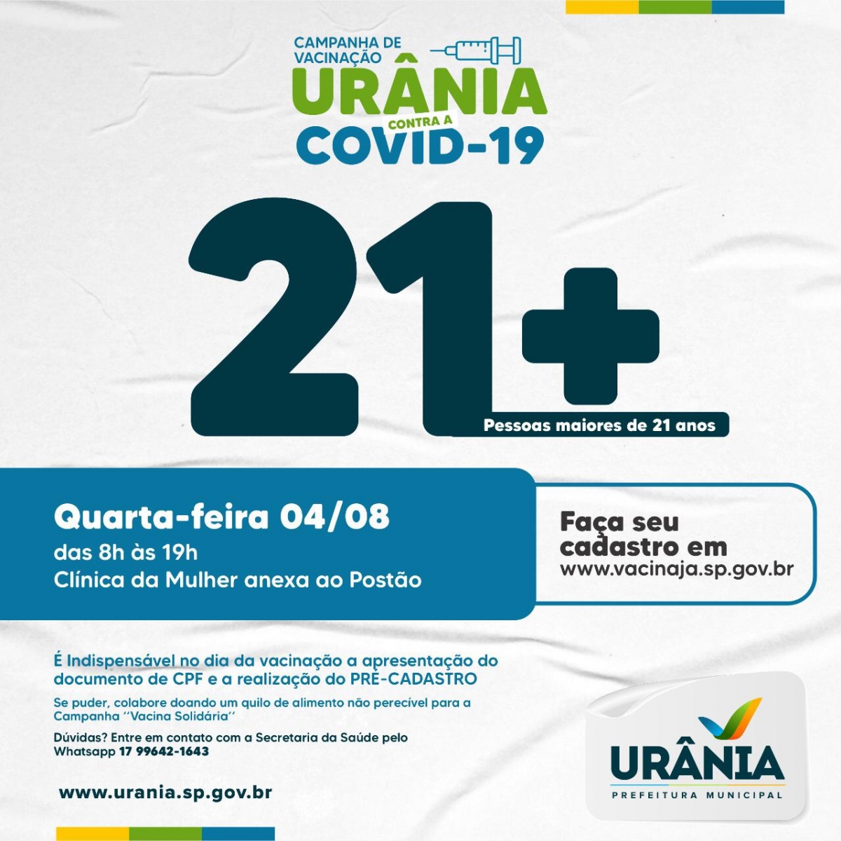 Vacinação contra a Covid-19: Urânia inicia na próxima quarta-feira imunização para o grupo de 21 anos ou mais