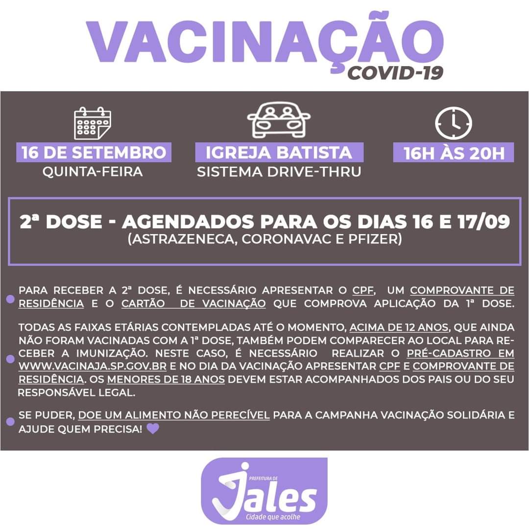 Jales - A Prefeitura agendou a segunda dose dos imunizantes AstraZeneca, CoronaVac e Pfizer para pessoas com a data marcada no cartão de vacinação para os dias 16 e 17 de setembro