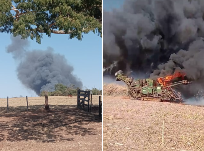Incêndio devasta canavial e destrói colheitadeira em Fernandópolis