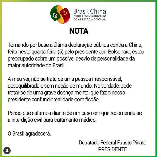 Pinato sobre o presidente Bolsonaro; 'penso que estamos diante de um caso em que se recomenda a interdição para tratamento médico'