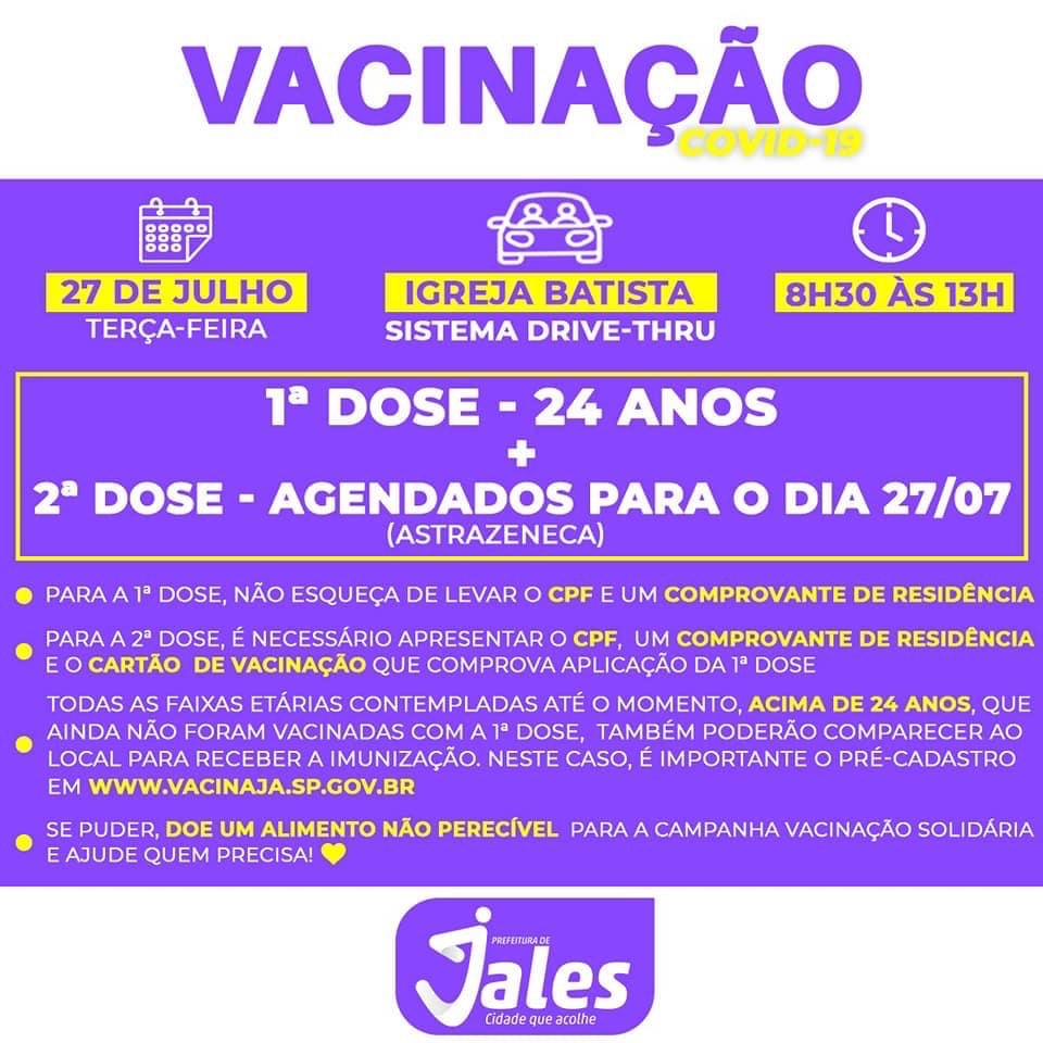 Jales - Covid-19: primeira e segunda dose do imunizante serão aplicadas nesta terça e quarta-feira