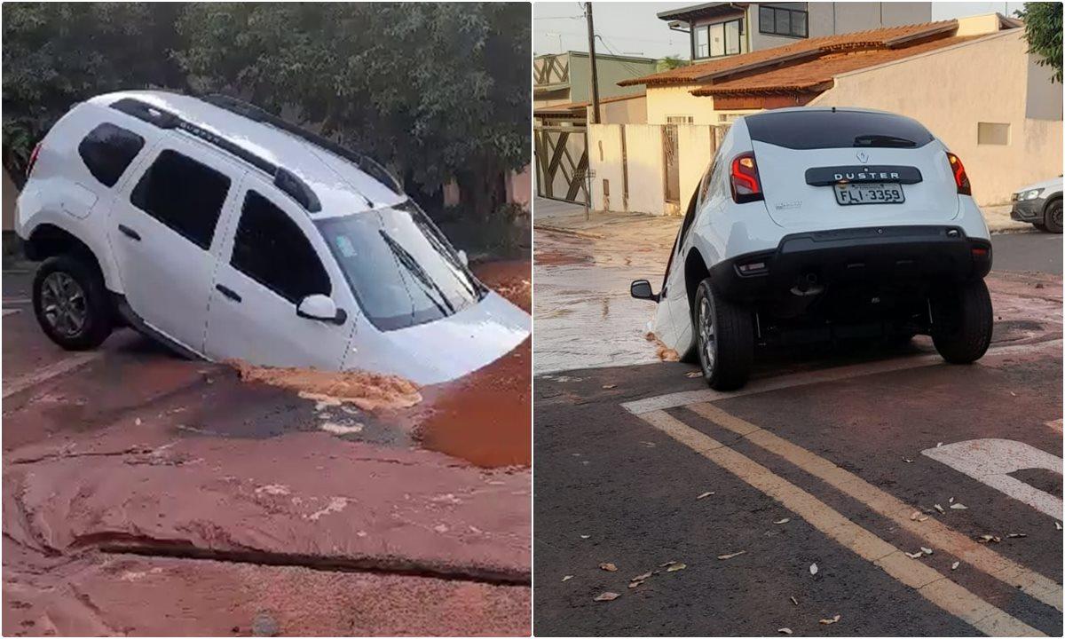 Carro cai em cratera após asfalto ceder devido a vazamento de água em Fernandópolis
