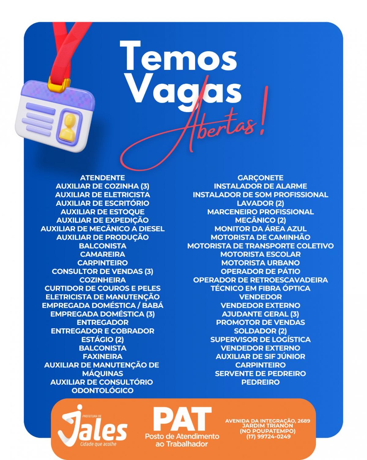 PAT de Jales divulga dezenas de vagas de emprego para diferentes áreas