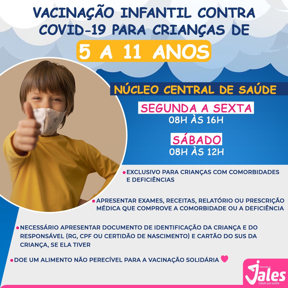 Imunização de crianças de 05 a 11 anos, com comorbidades, contra a covid-19 começará nesta terça-feira (18) em Jales