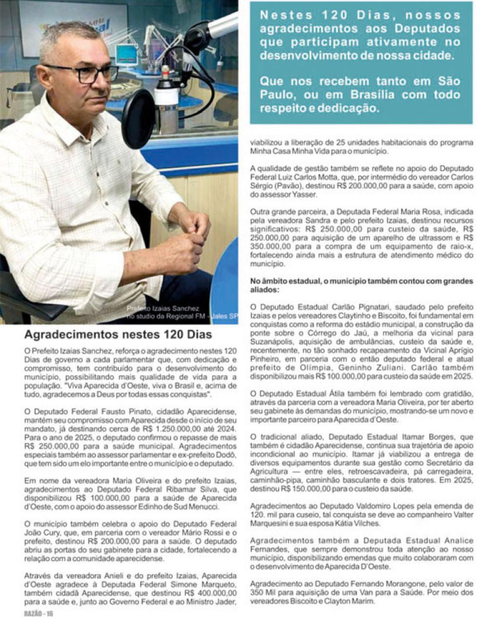 Prefeito Izaias Sanchez destaca conquistas nos primeiros 120 dias de gestão e agradece apoio de deputados estaduais e federais
