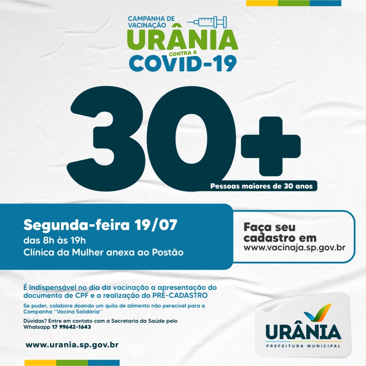 Saúde amplia faixa etária e imuniza moradores de 30 anos ou mais na próxima segunda-feira em Urânia