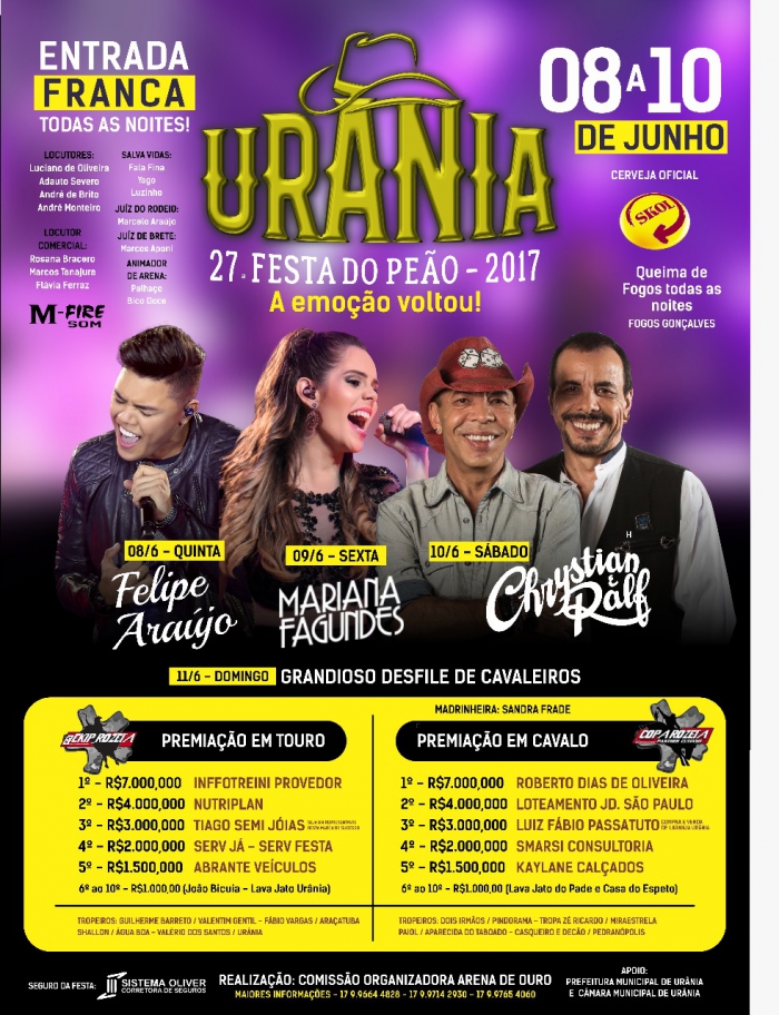 Urânia - Dias 08, 09 e 10 acontece a 27ª Festa do Peão de Urânia com entrada franca
